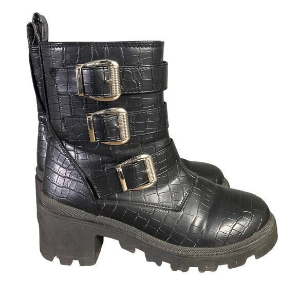 Sugar Women’s Black Embossed Triple Buckle Combat Boots Size 7M Grunge Style - Picture 1 of 15